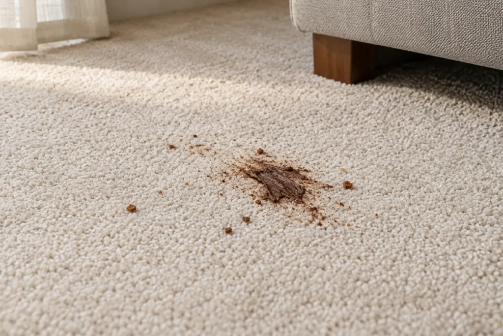 Smeared chocolate mark and crumbs on cream carpet near a sofa – carpet cleaning in Queanbeyan