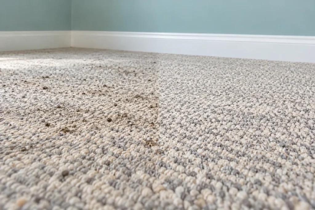 Mottled grey and cream carpet with sandy soil, the right half cleaned – carpet cleaning