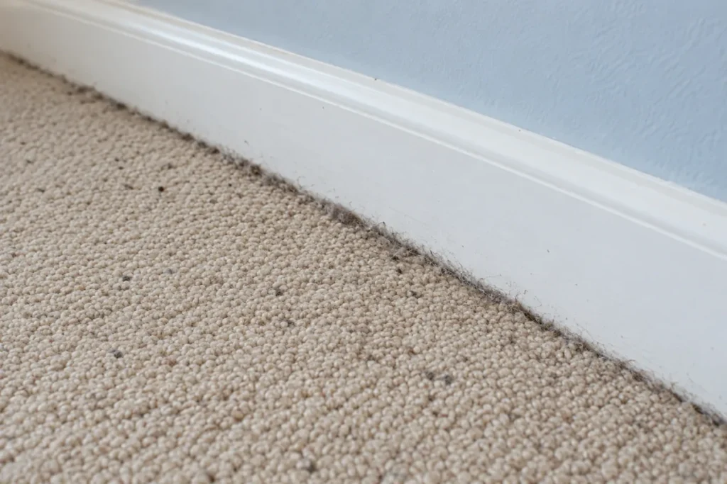 Dark dust and grit along the edge of beige carpet at a white skirting – carpet cleaning in South Canberra