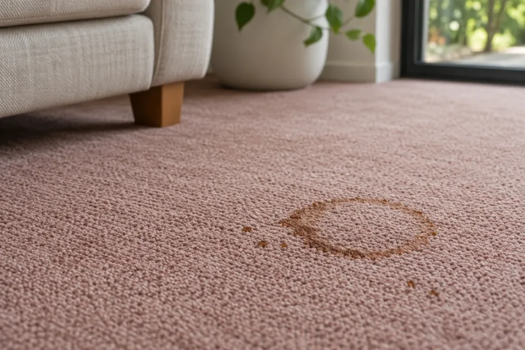 Dried coffee cup ring stain on rose pink carpet near an armchair – carpet cleaning in Tuggeranong