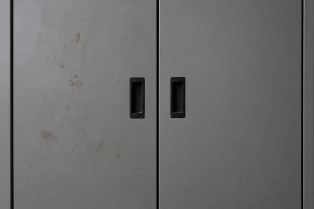 Grey locker doors with scuffs and handprint marks on the left door – commercial cleaning in Albert Park