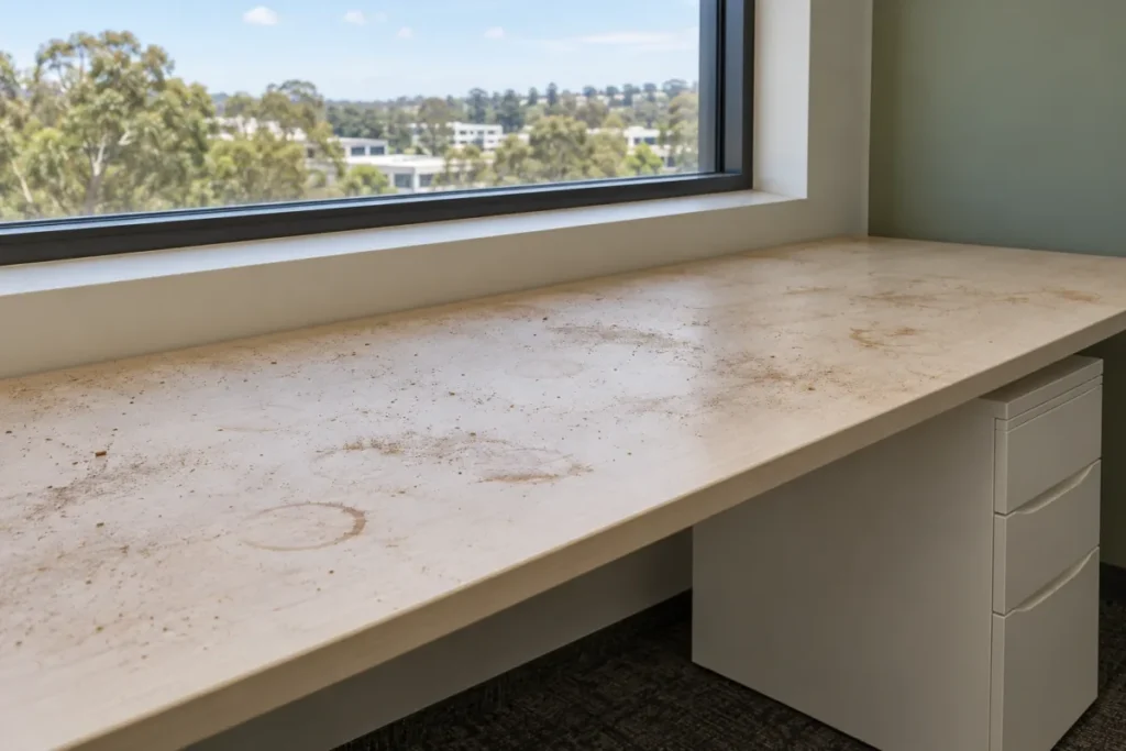Window-side desk bench marked with dust, coffee rings and stains – commercial cleaning in Belmont