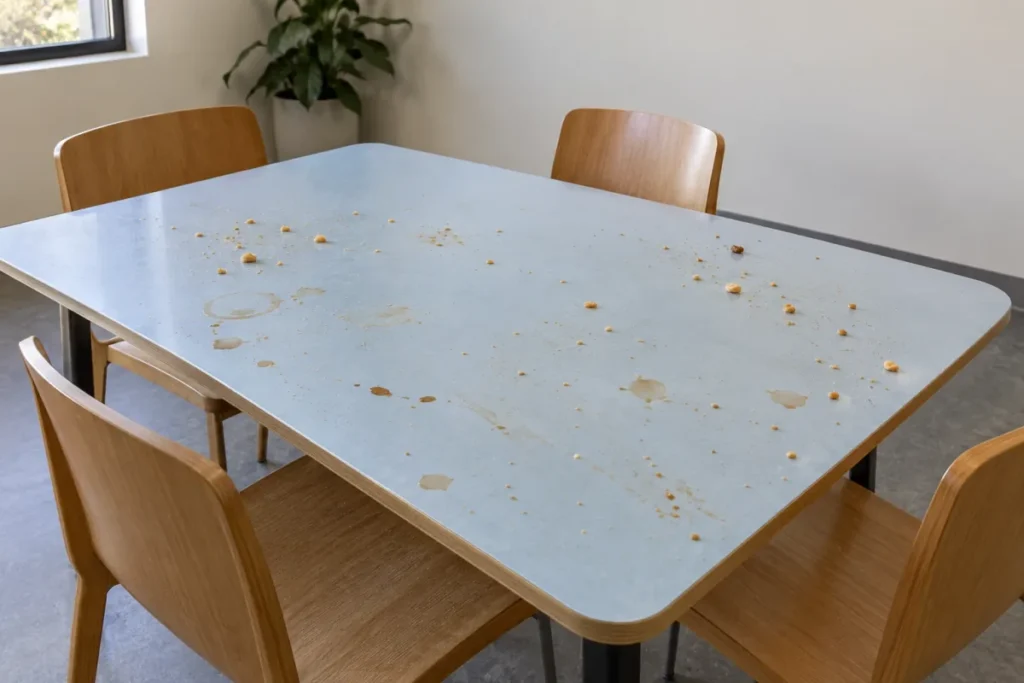 Staff room table scattered with crumbs and spill rings, timber chairs – commercial cleaning in Canberra