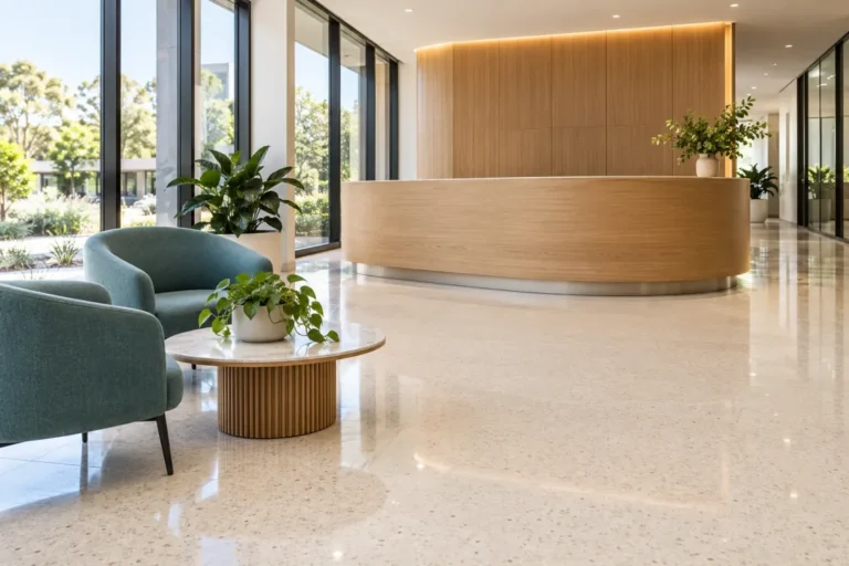 Bright reception with a curved timber desk, armchairs and polished floor – commercial cleaning