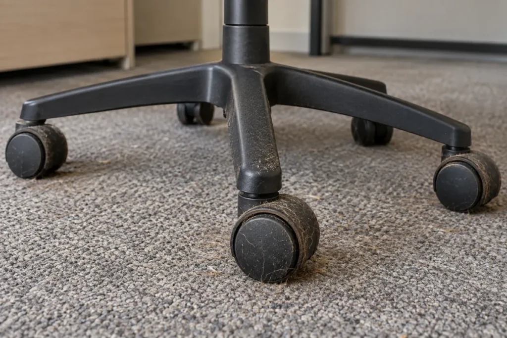Office chair castors wrapped in dust and lint on grey carpet – commercial cleaning in Kew