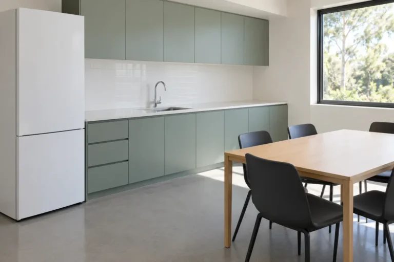 Staff kitchenette with sage cabinets, a fridge and a timber dining table – commercial cleaning in Melbourne