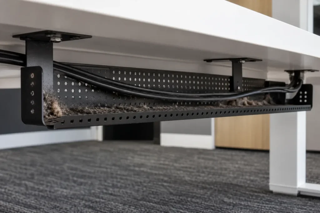 Under-desk cable tray clogged with dust and lint around the cables – commercial cleaning in Newport