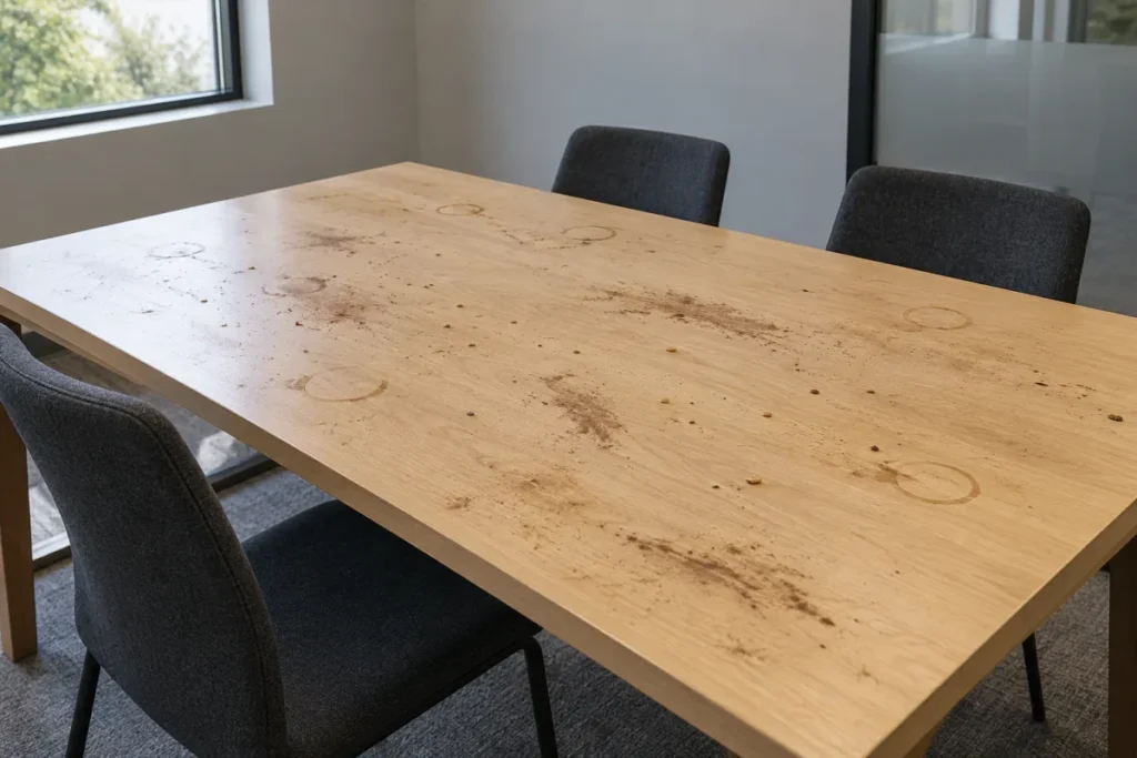 Oak meeting table covered in cup rings, spills and crumbs – commercial cleaning in Newtown