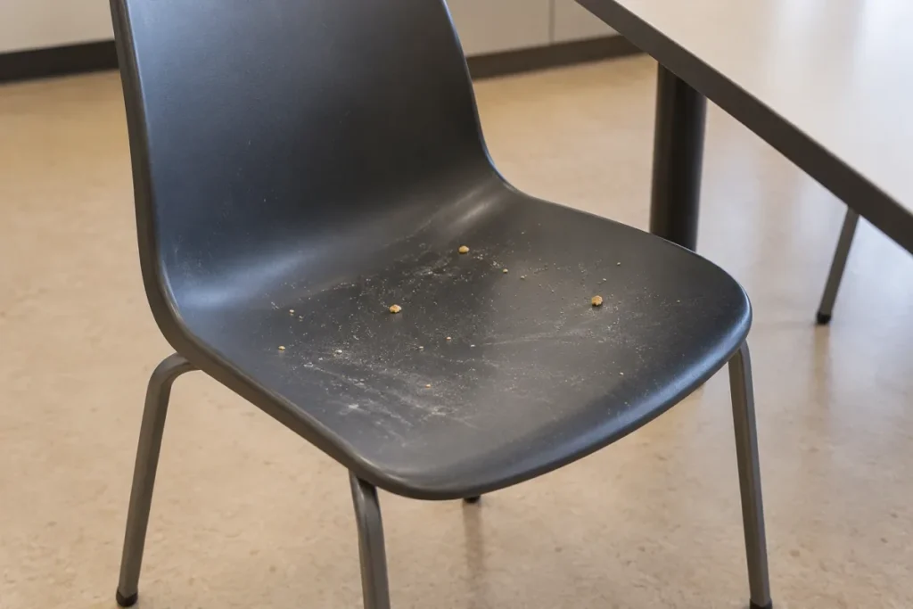 Grey plastic breakroom chair with crumbs and smears across the seat – commercial cleaning in Preston