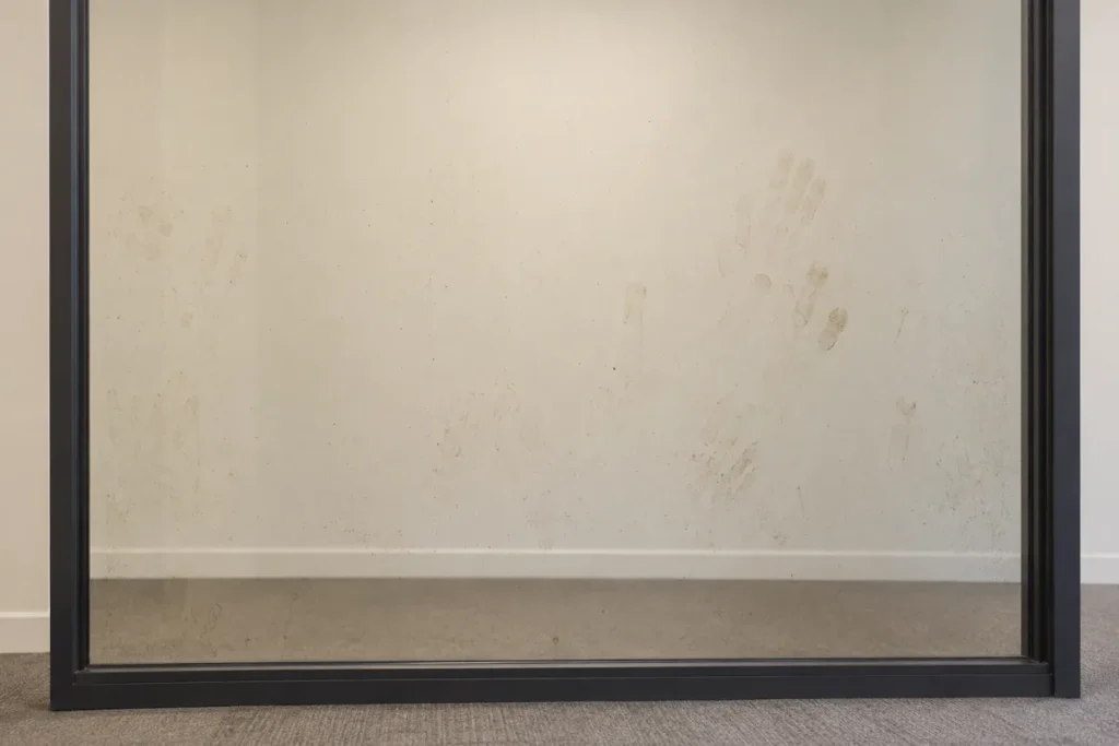 Glass office divider covered in handprints and smears above carpet – commercial cleaning in South Canberra