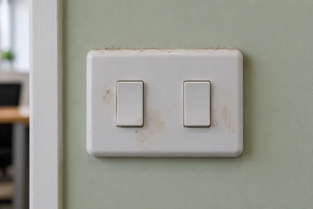 Light switch plate with grimy marks and dust along its top edge – commercial cleaning in Southbank