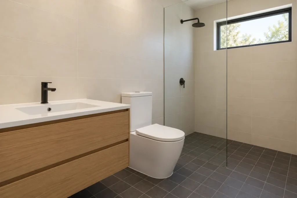 Clean modern bathroom with a timber vanity, toilet and walk-in shower – deep cleaning in Belconnen