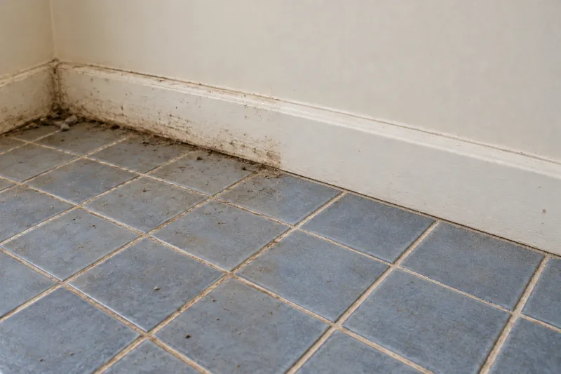 Grime along a skirting and blue floor tiles, the right half cleaned – deep cleaning in Belconnen