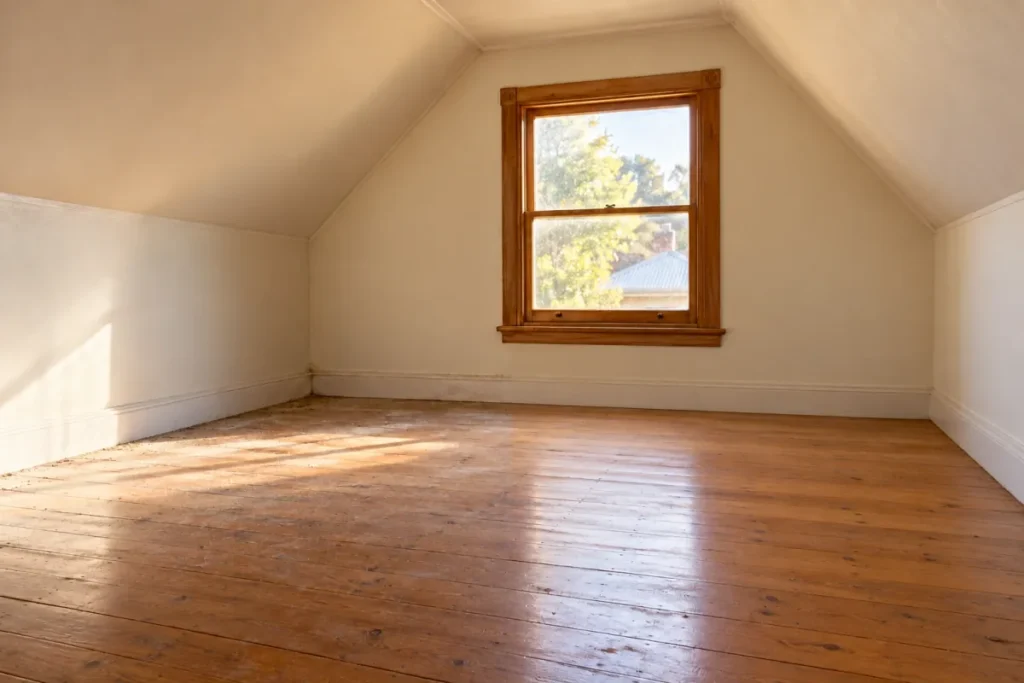 Empty attic room with dusty floorboards, the right side polished clean – deep cleaning in Canberra