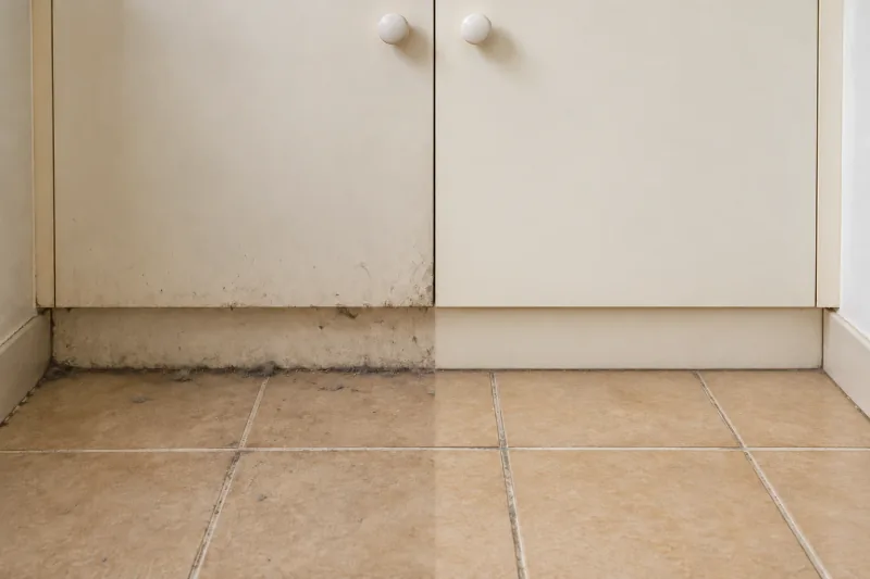 Grimy cupboard doors and kickboard over tiles, the right half cleaned – deep cleaning in Canberra