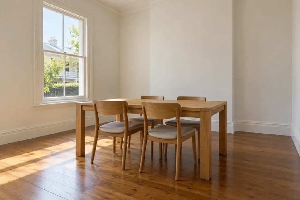 Clean dining room with a timber table, four chairs and polished floor – deep cleaning in North Canberra
