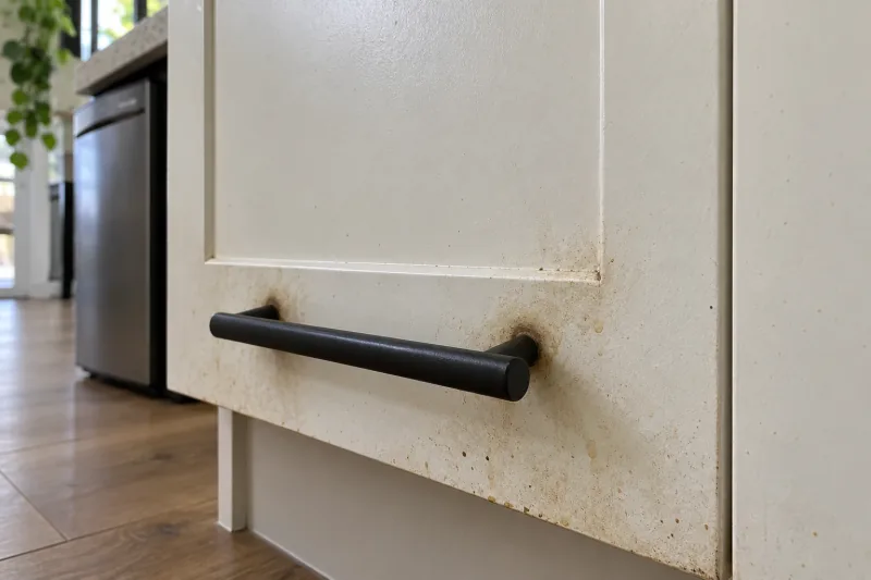 Kitchen cabinet door stained with grease around a black bar handle – deep cleaning in Tuggeranong