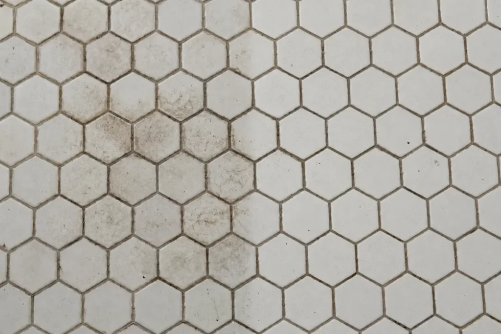 Hexagonal bathroom floor tiles with grimy grout, the right half cleaned – deep cleaning in Weston Creek