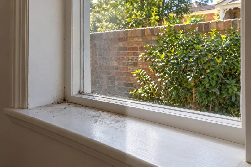 Dusty white window sill below grimy glass looking onto a garden – deep cleaning in Weston Creek