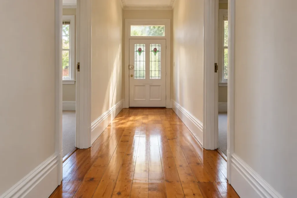 Clean heritage hallway with polished floorboards and a lead-light door – deep cleaning in Woden Valley