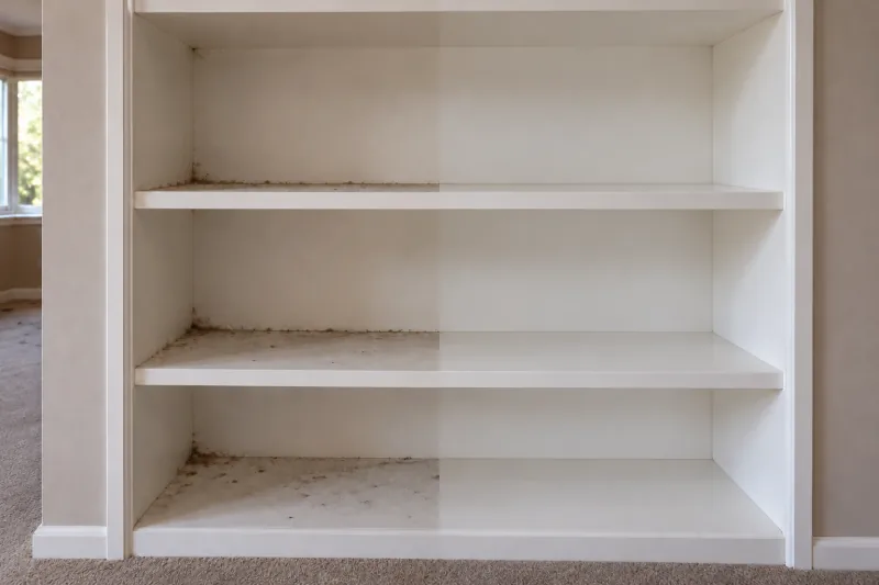 White built-in shelves with dust and debris, the right half cleaned – deep cleaning in Woden Valley