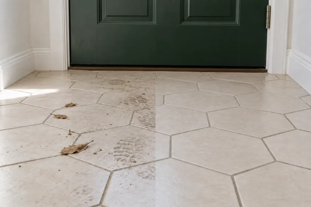 Hexagon entry tiles with muddy footprints and leaves, the right half clean – domestic cleaning in Belconnen