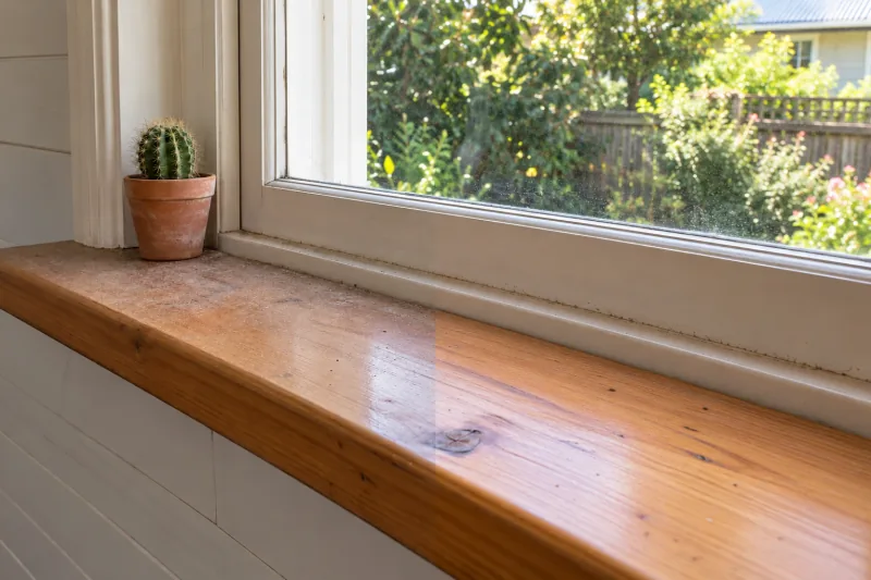 Timber window sill dusty on the left, the right half cleaned and glossy – domestic cleaning in Belconnen