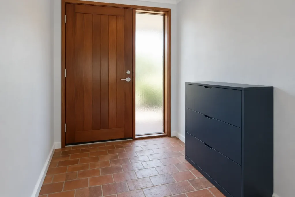 Tidy entry hall with a timber front door, brick floor and navy cabinet – domestic cleaning in Gungahlin