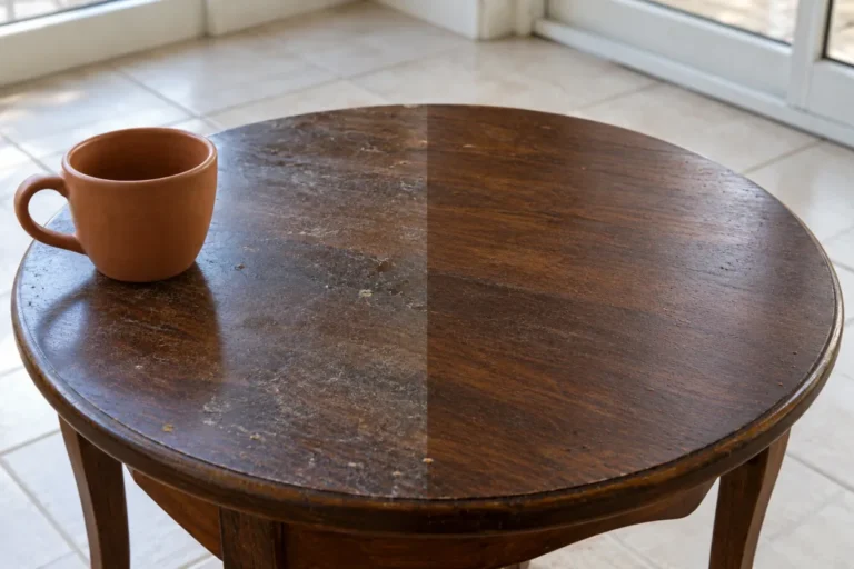Round timber side table dusty on the left, the right half cleaned – domestic cleaning