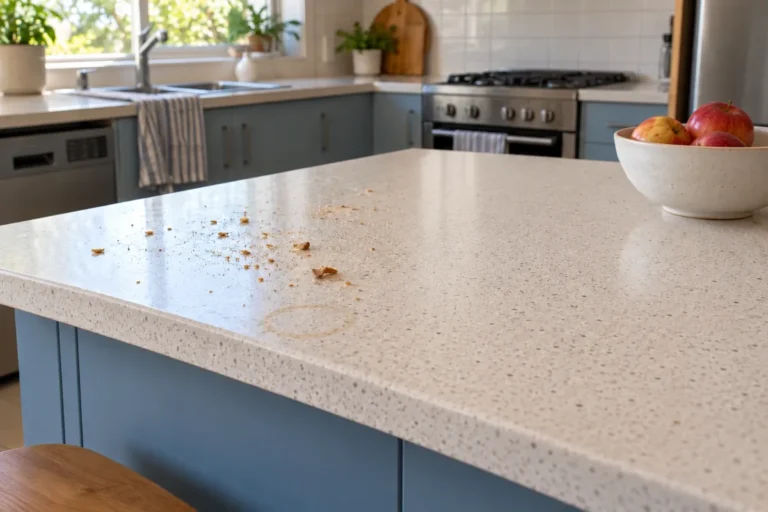 Kitchen island bench with crumbs and a cup ring, the right side wiped clean – domestic cleaning in Melbourne