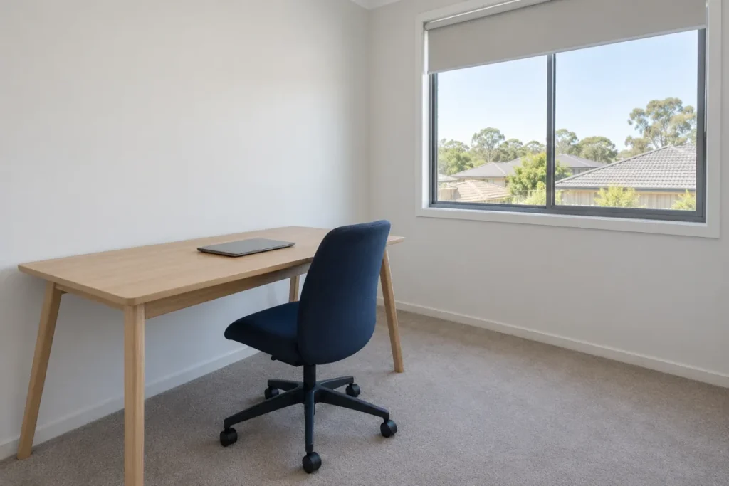 Tidy home study with a timber desk, navy chair and carpeted floor – domestic cleaning in Queanbeyan