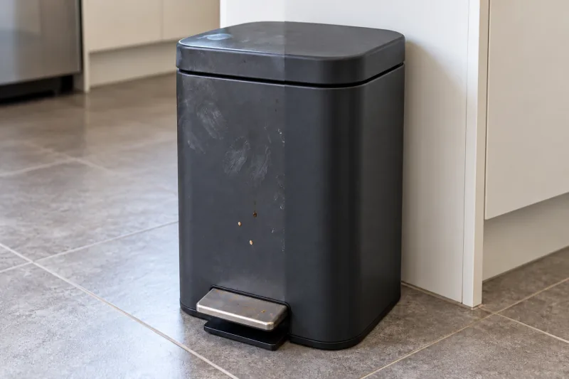 Black pedal bin smeared with food marks on the left, the right half clean – domestic cleaning in Queanbeyan