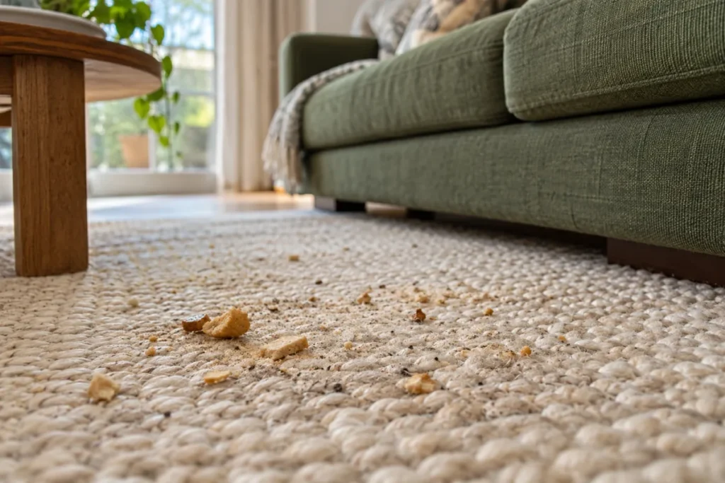 Woven cream rug in a living room scattered with biscuit crumbs and grit – domestic cleaning in Weston Creek