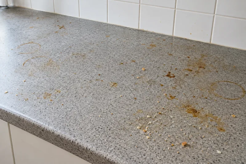 Speckled grey laminate bench with coffee rings, spills and scattered crumbs – end of lease cleaning in Altona