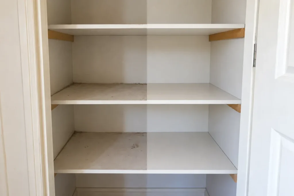 Linen cupboard shelves covered in dust, the right half wiped clean – end of lease cleaning in Braybrook