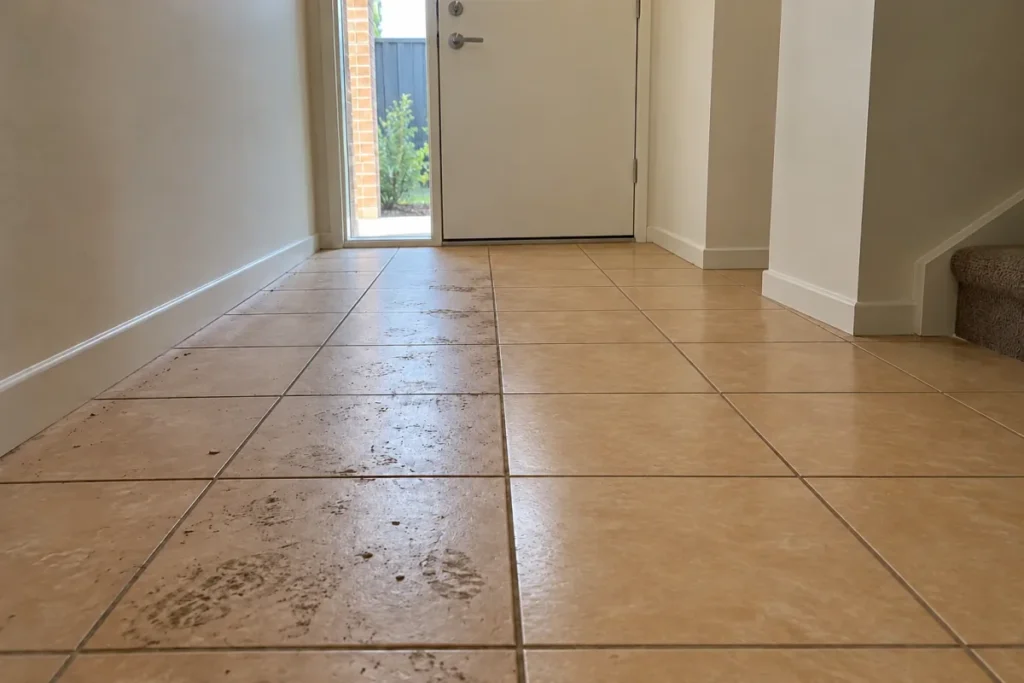 Entry hall tiles with muddy footprints on the left, the right side clean – end of lease cleaning in Canberra