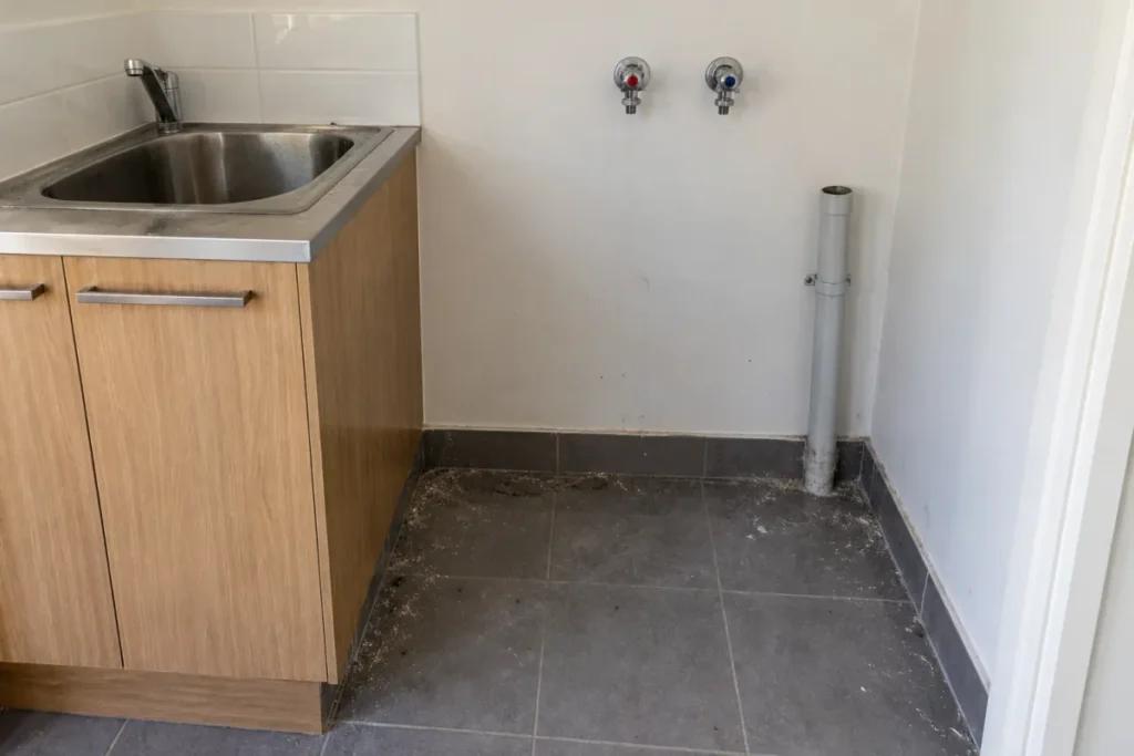 Empty washing machine space in a laundry with lint and dust on the floor – end of lease cleaning in Canterbury