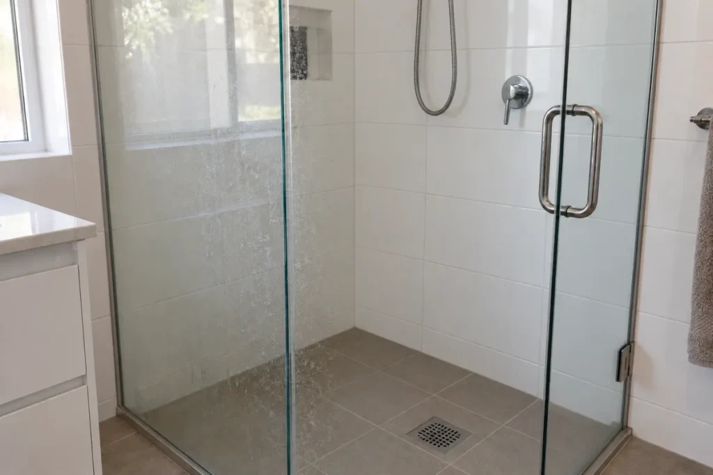 Glass shower screen with soap scum on the side panel and a clearer door – end of lease cleaning in Collingwood