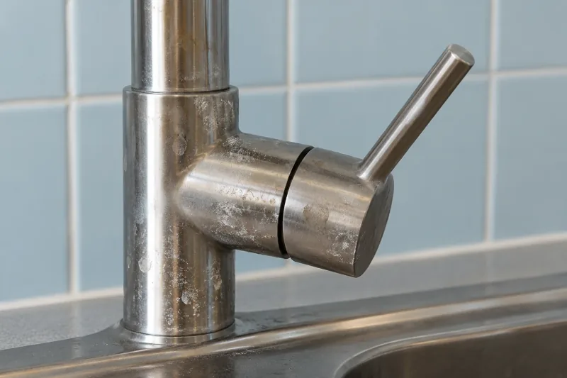 Stainless kitchen mixer tap covered in water spots and dull residue – end of lease cleaning in Corio