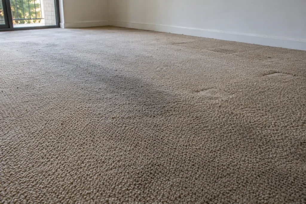 Beige loop-pile carpet with a dark worn traffic path across an empty room – end of lease cleaning in Croydon