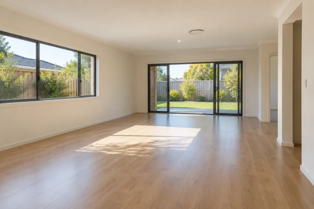 Empty open-plan living area with timber floors and sliding doors to a yard – end of lease cleaning in Frankston