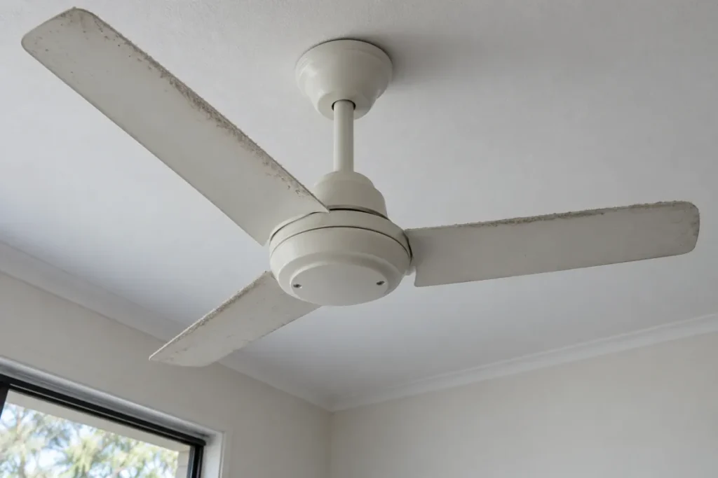 White three-blade ceiling fan with dust built up along the blade edges – end of lease cleaning in Greensborough