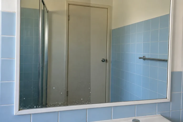 Bathroom mirror with water spots on the lower left, the right half clear – end of lease cleaning