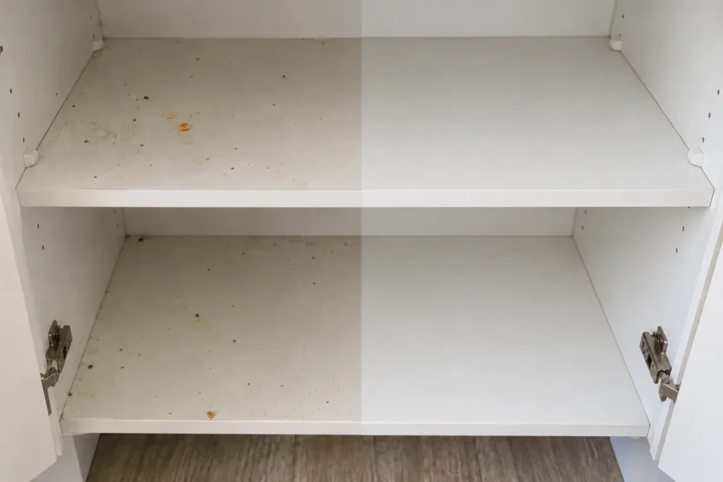 Kitchen cupboard shelves scattered with crumbs, the right half wiped clean – end of lease cleaning in Ivanhoe