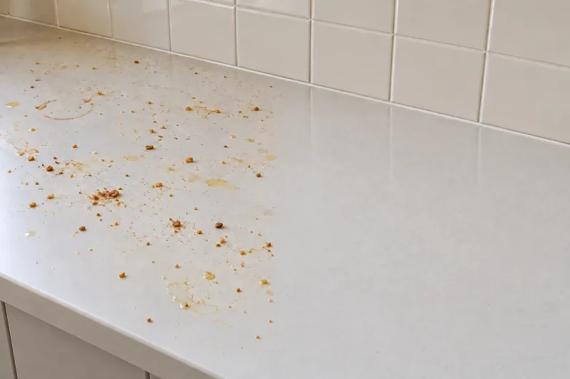 White laminate bench with crumbs and drip marks, the right half wiped clean – end of lease cleaning in Ivanhoe