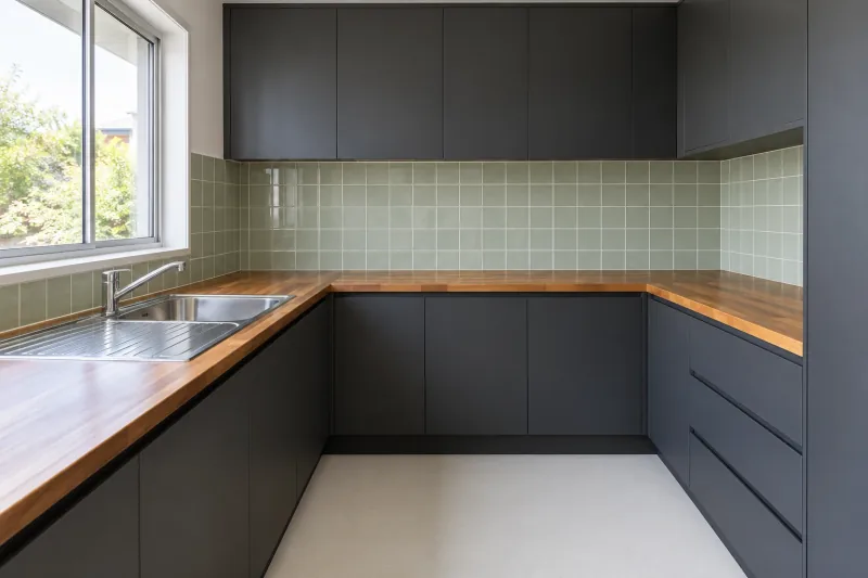 Clean charcoal kitchen with timber benchtops, green tiles and a steel sink – end of lease cleaning in Jolimont