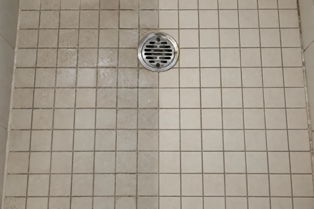 Mosaic shower floor with stained tiles and grout, the right half cleaned – end of lease cleaning in Leopold