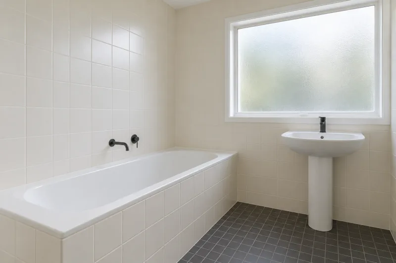 Clean cream-tiled bathroom with a tiled bath and a pedestal basin – end of lease cleaning in Melbourne