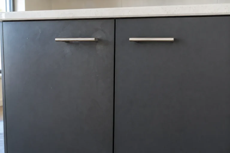 Charcoal cabinet doors with smudges on the left door, the right door clean – end of lease cleaning in Melbourne