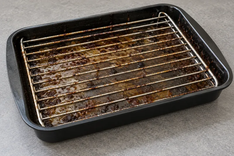 Grill pan with a wire insert over a layer of burnt, greasy residue – end of lease cleaning in Melbourne